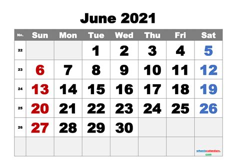 Calendar Printable June 2021